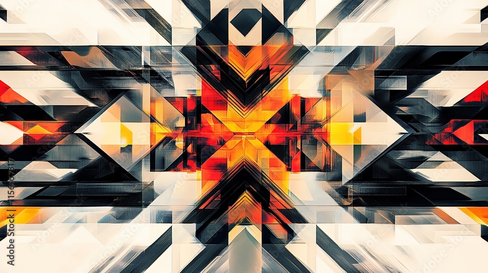 Aufkleber Abstract geometric pattern with orange, white, and black shapes creating a symmetrical design.