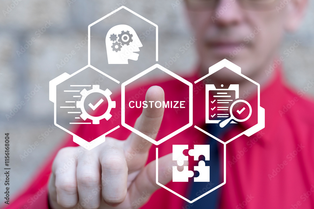 Poster business person working on virtual touch screen push word: customize. customize business product tec