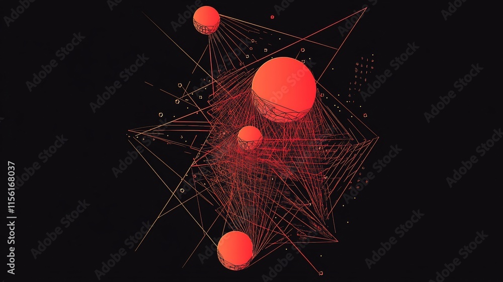 Poster abstract red spheres connected by thin lines on a dark background, forming a complex network.