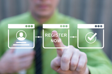 Business person using virtual touch screen presses inscription: REGISTER NOW. Register now business...