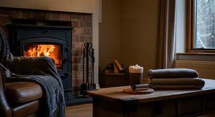 A cozy living room with a crackling fireplace, soft blankets, and a cup of hot cocoa on a table
