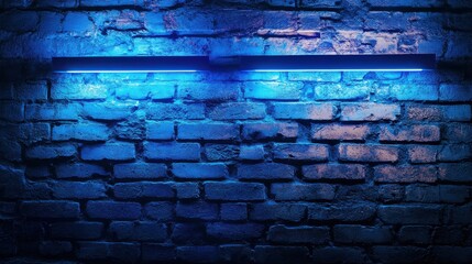Fototapeta premium Cool blue neon lights illuminate a textured brick wall.