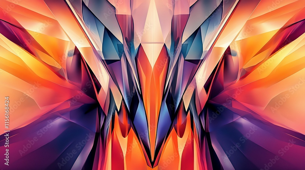 Aufkleber Abstract vibrant geometric artwork with symmetrical, sharp, colorful shapes and triangular patterns creating a dynamic visual.