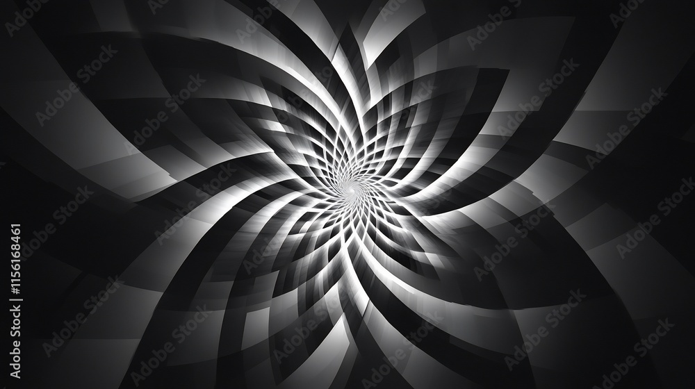 Poster abstract grayscale swirl pattern, radiating lines creating a flower-like shape.