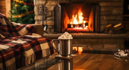 A cozy living room with a crackling fireplace, soft blankets, and a cup of hot cocoa on a table