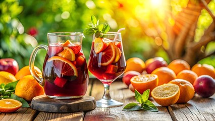 Refreshing sangria with oranges on sunny outdoor table, summer delight.