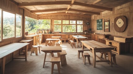 A woodworking school with students learning to carve and assemble wooden furniture, lively atmosphere