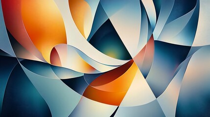 Obraz premium Abstract art with vibrant, overlapping shapes and flowing lines in blue, orange, and white.
