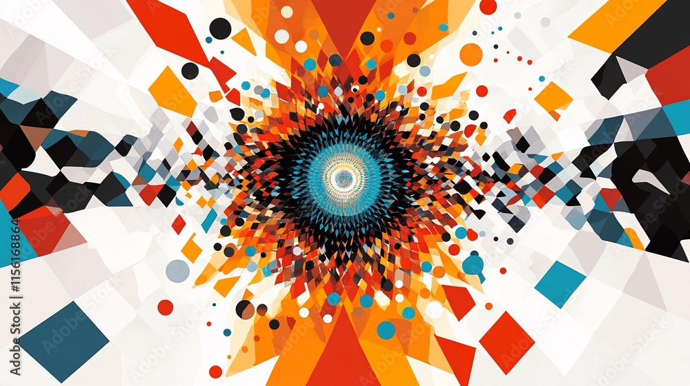 Poster abstract colorful geometric shapes explode from central point, creating dynamic visual effect.