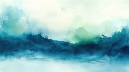 Naklejka premium Abstract watercolor painting of a serene landscape in calming teal and green hues.