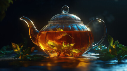 Clear Glass Teapot with Bright Amber-Colored Tea and Fresh Tea Leaves on the Side, Highlighted Against a Dark Background