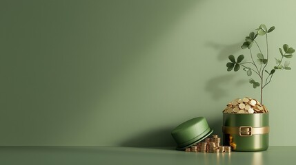 Pot of gold coins for St. Patrick's Day growing a lucky shamrock plant