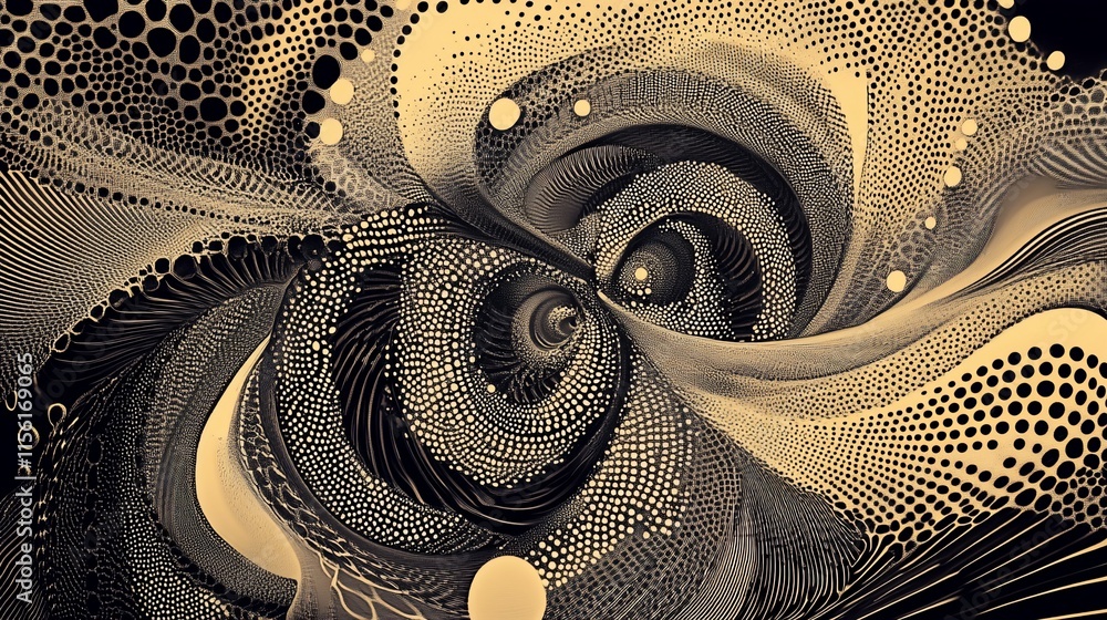 Poster Abstract swirling pattern with gold and black dots and lines creating a vortex effect.
