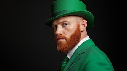 Elegant businessman wearing green suit and hat celebrating Saint Patrick's Day