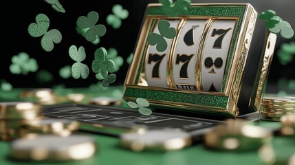 Green slot machine showing 77 and shamrocks falling for St. Patrick's Day