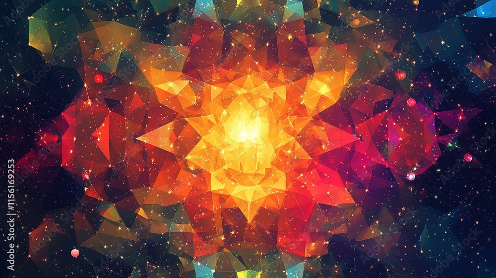 Poster abstract colorful polygonal art with starburst effect and cosmic dust.