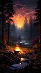 Forest Campfire: Cozy Ambiance with Logs and Twilight Setting in a Woodland Clearing.
