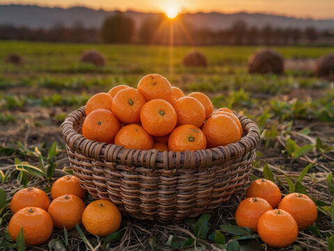 Delicioso sumo de mandarinas en una canasta de cultivo org&aacute;nico
