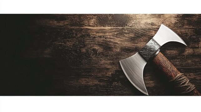 Double-bit axe with wooden handle on rustic wooden background.
