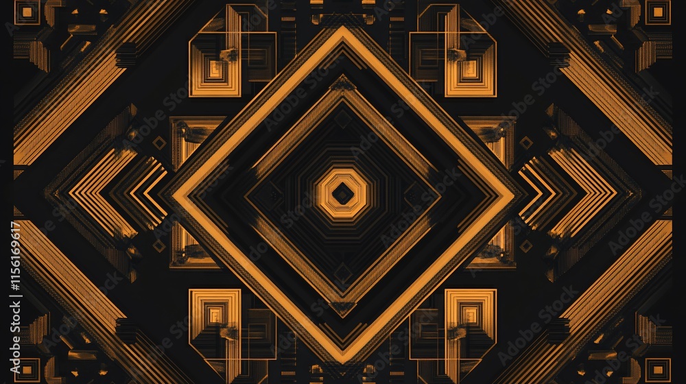 Poster abstract geometric pattern with dark and gold colors, symmetrical design, kaleidoscopic effect, comp