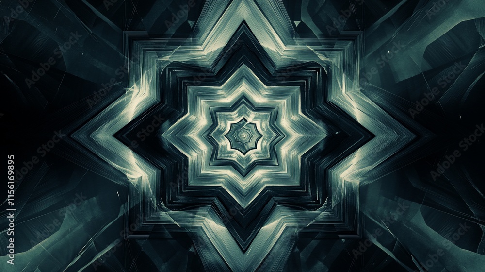Aufkleber abstract teal and grey kaleidoscope pattern, symmetrical design with starburst and geometric shapes.