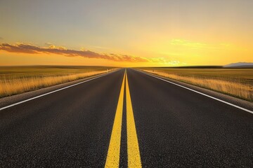 Naklejka premium Expansive Straight Road Under Dramatic Sunset Sky Surrounded by Open Fields and Lush Landscape, Ideal for Journey and Adventure Themes