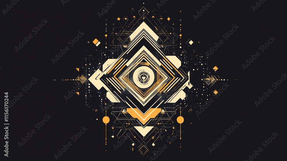 Poster Abstract geometric design with gold and black shapes, creating a symmetrical and intricate pattern.