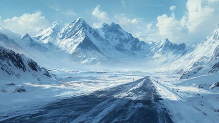 Obraz premium An icy road in Arctic mountains, rugged snowy peaks under a pale blue sky 
