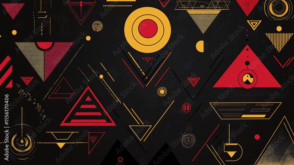 Aufkleber Abstract geometric pattern with red and gold triangles, circles, and lines on a dark background.