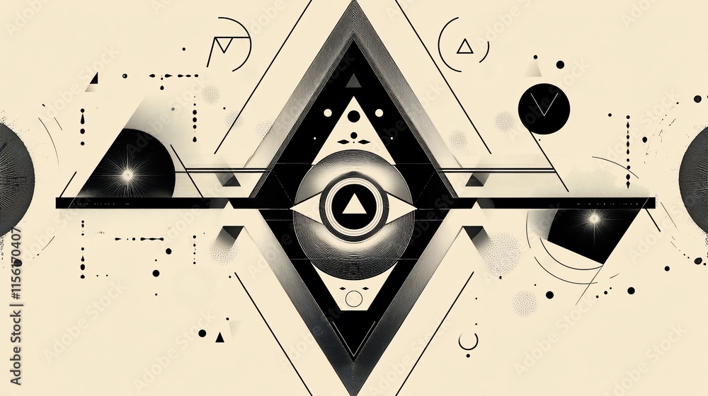 Poster Abstract geometric design with symmetrical shapes, triangles, circles, and lines in black and white on a beige background.