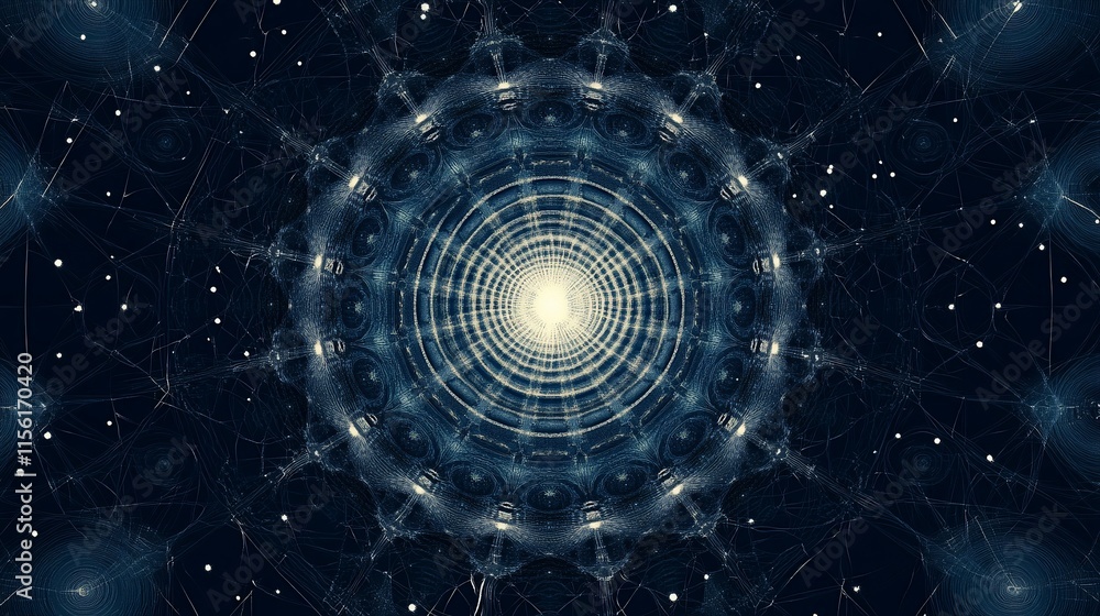 Poster Abstract blue and white circular light tunnel with intricate mandala-like pattern.