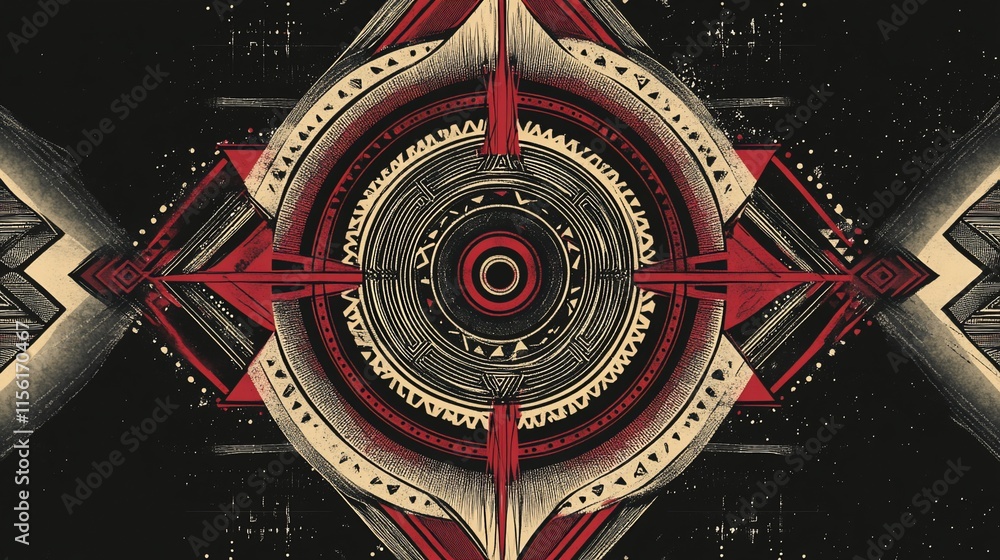 Poster Abstract geometric design with red and gray concentric circles and arrows, creating a symmetrical pattern on a dark background.