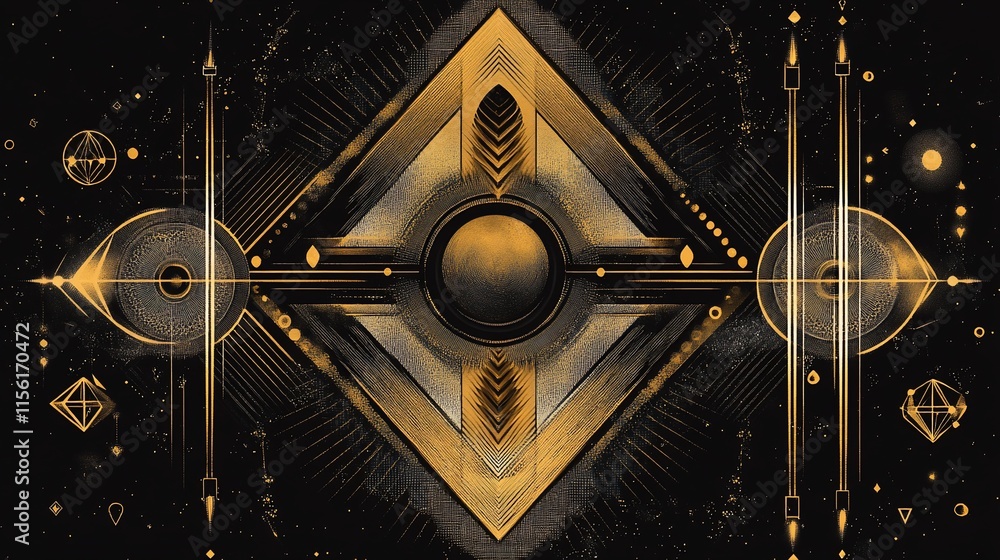 Poster abstract gold geometric design on black background with cosmic elements.