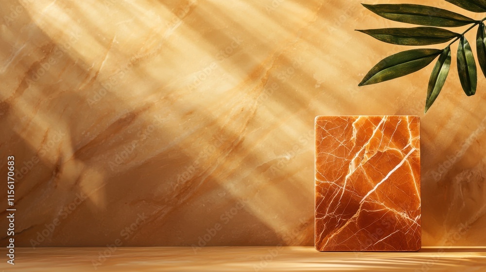 Poster a warm-toned image featuring a polished orange marble block against a soft, illuminated background w