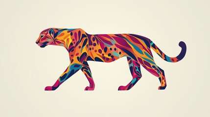 Obraz premium Colorful stylized cheetah design, walking profile view, vibrant patterns.