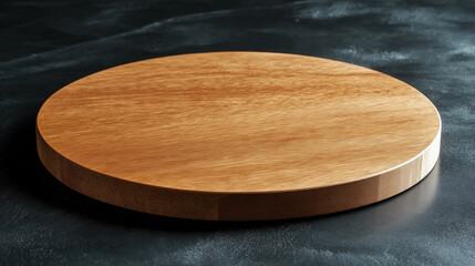 Top View of Barren Kitchen with Circular Wooden Tray or Cutting Board on Black Table, Featuring Saw-Cut Imitation Trendy Rustic Wooden Tray, Background of Food and Menu Items