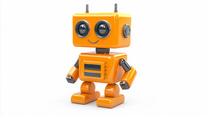 Tiny fun orange robot with big eyes on white background