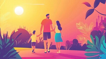 Family Enjoying Evening Walk in Warm Outdoor Setting