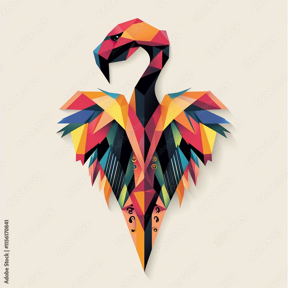 Poster geometric flamingo design with vibrant colors and a low-poly style.