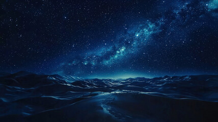 Naklejka premium A breathtaking clear night sky showcasing the Milky Way, arching above a serene desert landscape. Perfect for stargazing themes, nature photography, or astronomy enthusiasts, exuding calm and wonder