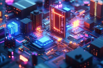 Fototapeta premium Futuristic Cityscape with Neon Lights and Digital Circuitry Showcasing Advanced Technology in a Vibrant Electronic Landscape