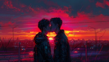 Two young men kissing at sunset, surrounded by a vibrant, colorful sky, with city lights in the background and silhouetted urban elements.
