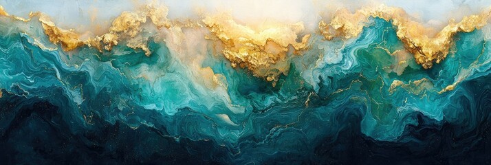 Abstract artwork featuring swirling teal and gold patterns resembling ocean waves.