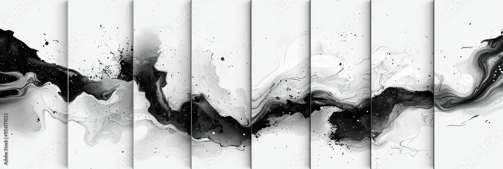 Poster abstract black and white design with fluid shapes and splashes, creating a dynamic visual flow.