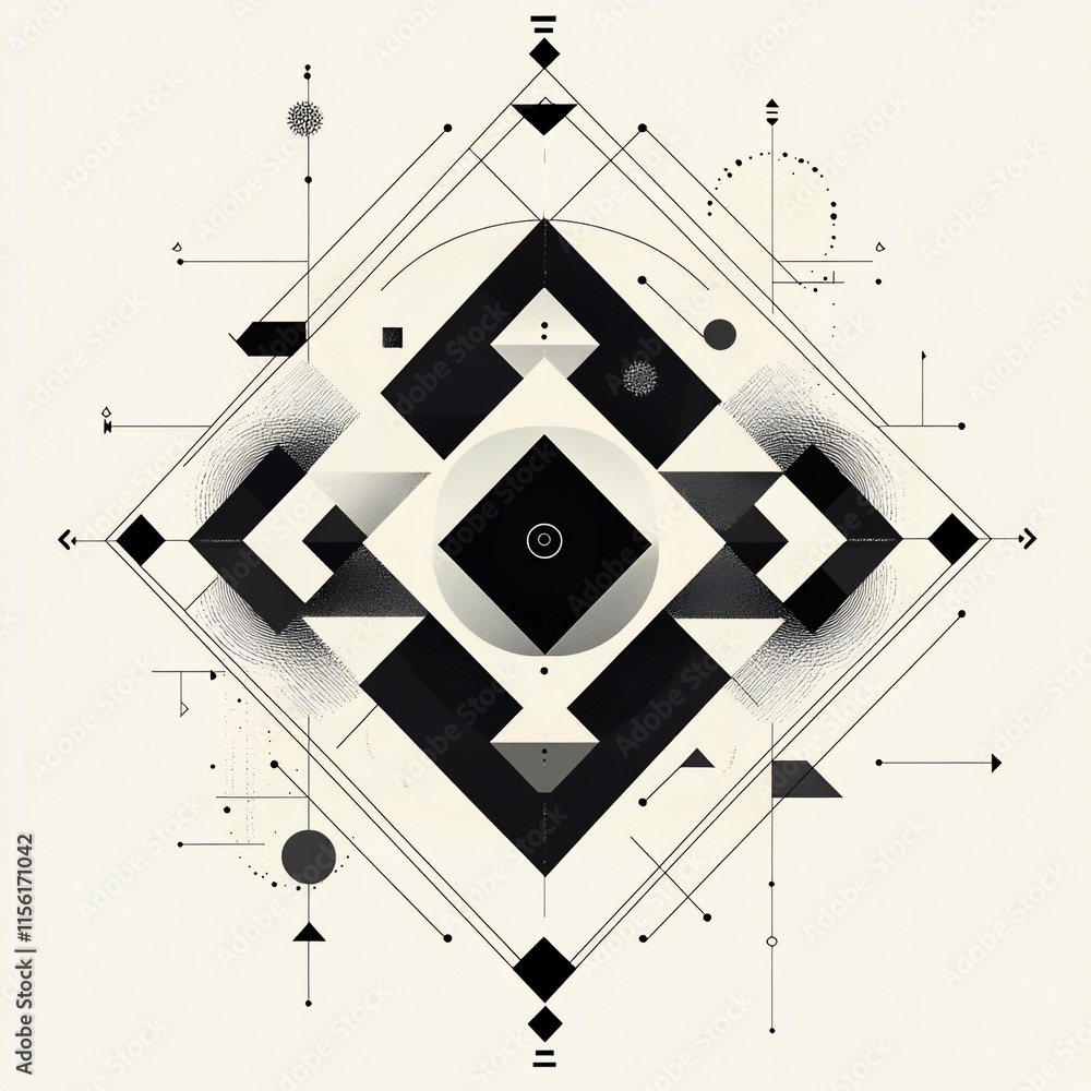 Poster Abstract geometric monochrome design with shapes, lines, and points creating a symmetrical pattern.