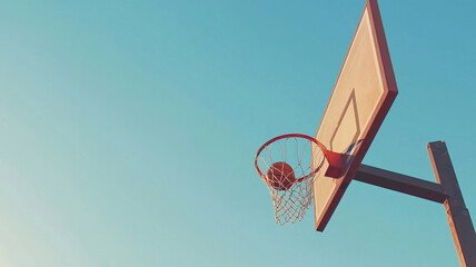 A close-up of a basketball hoop with a ball suspended mid-air, about to go through the net, set against a vibrant clear blue sky, symbolizing action and achievement.
