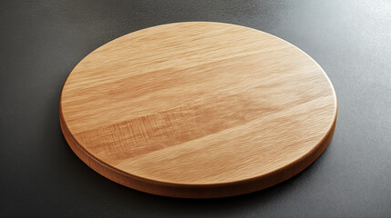 Top View of Barren Kitchen with Circular Wooden Tray or Cutting Board on Black Table, Featuring Saw-Cut Imitation Trendy Rustic Wooden Tray, Background of Food and Menu Items