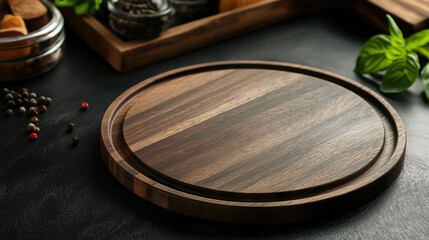 Obraz premium Top View of Barren Kitchen with Circular Wooden Tray or Cutting Board on Black Table, Featuring Saw-Cut Imitation Trendy Rustic Wooden Tray, Background of Food and Menu Items