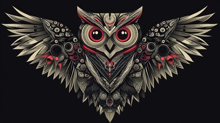 Fototapeta premium Steampunk owl with spread wings, intricate metallic design, red accents against black background.