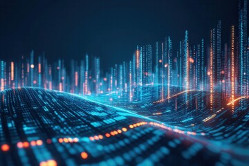 Futuristic Digital Landscape with Glowing Blue Data Streams and Orange Elements, Representing Technology, Analytics, and Big Data Concepts in a High-Tech Environment
